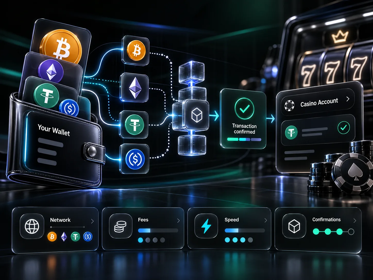 Casino cryptocurrency networks, fees, and confirmations research artwork